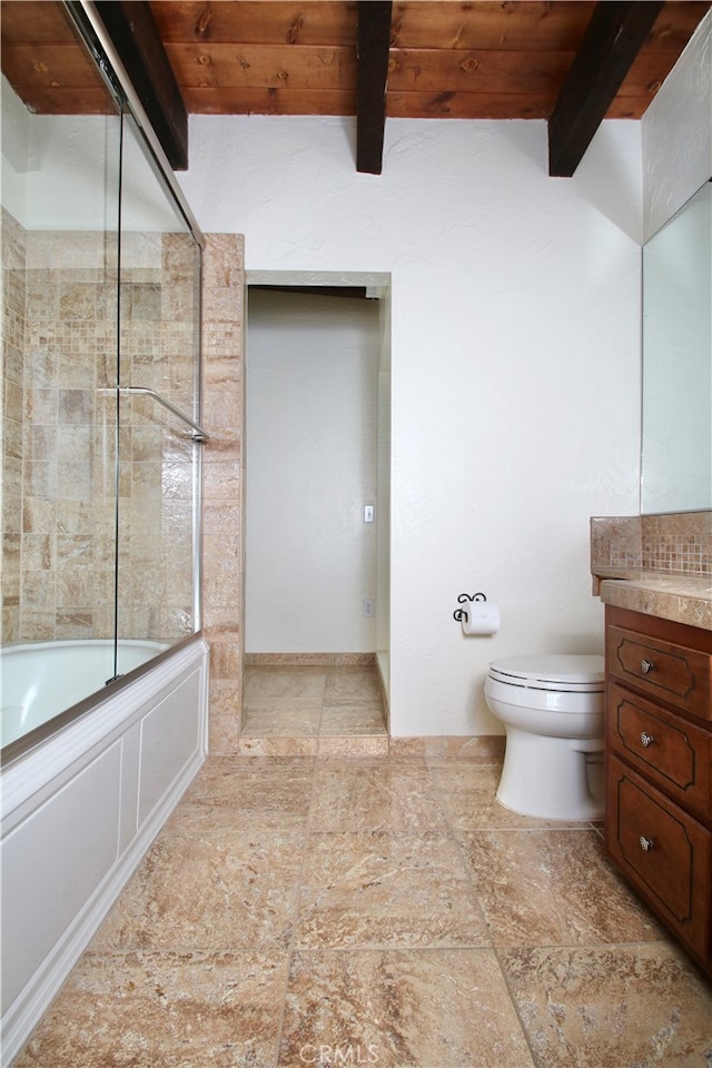 full bathroom with beam ceiling, toilet, wooden ceiling, and combined bath / shower with glass door