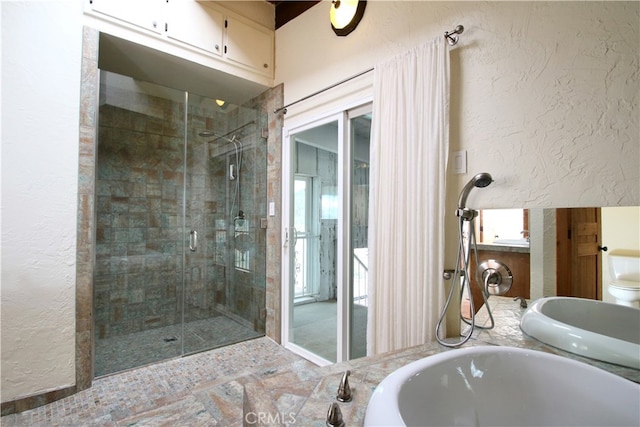 bathroom featuring vanity, toilet, and a shower with door