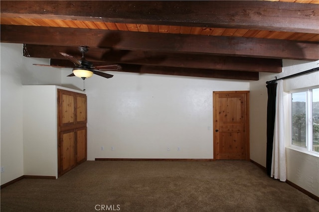 carpeted empty room with beam ceiling, ceiling fan, and wooden ceiling