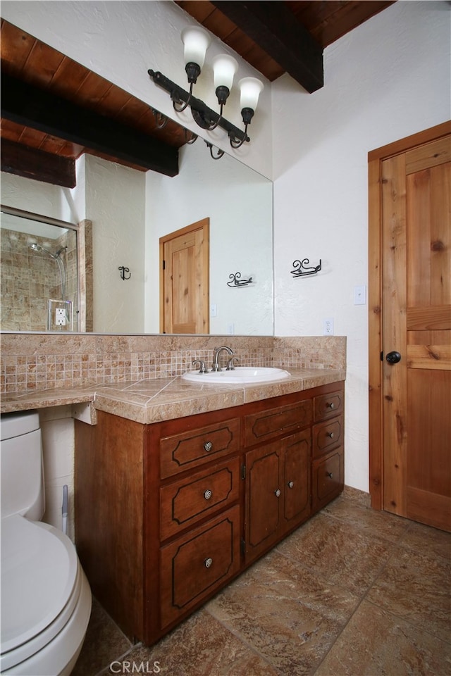 bathroom featuring beam ceiling, wooden ceiling, walk in shower, tasteful backsplash, and toilet