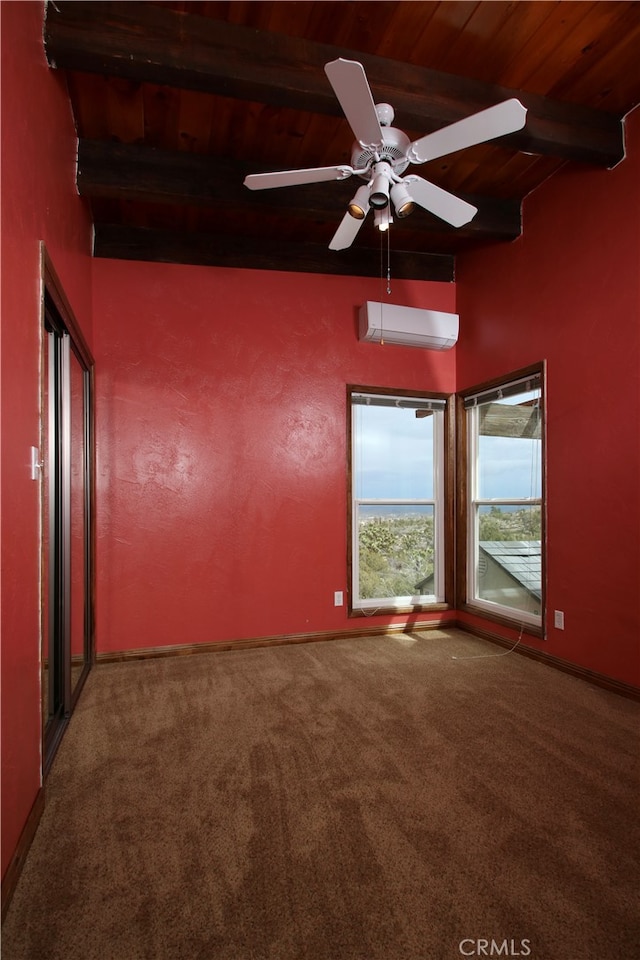 carpeted spare room with an AC wall unit, ceiling fan, beamed ceiling, and wood ceiling