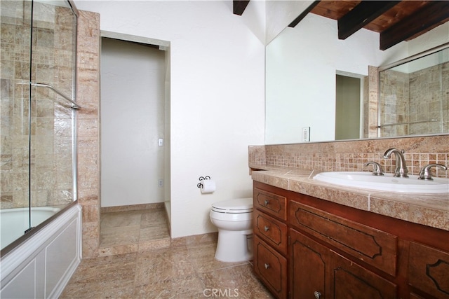 full bathroom featuring backsplash, vanity, shower / bath combination with glass door, beamed ceiling, and toilet