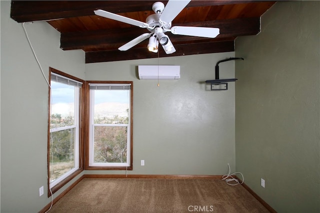 carpeted empty room featuring vaulted ceiling with beams, ceiling fan, wooden ceiling, and a wall unit AC