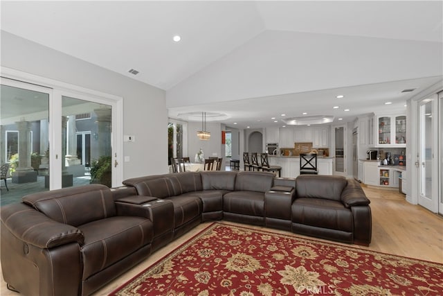 living room with high vaulted ceiling, a chandelier, light hardwood / wood-style floors, and a healthy amount of sunlight