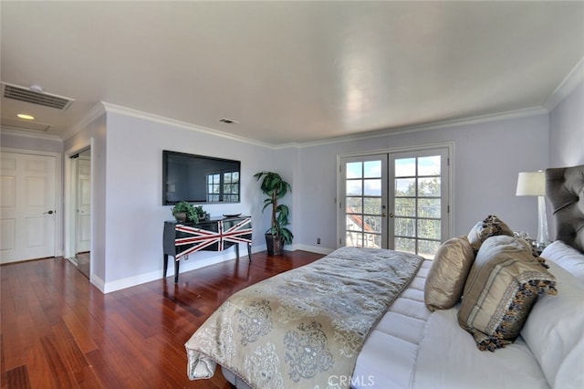 bedroom with ornamental molding, access to outside, french doors, and dark hardwood / wood-style flooring