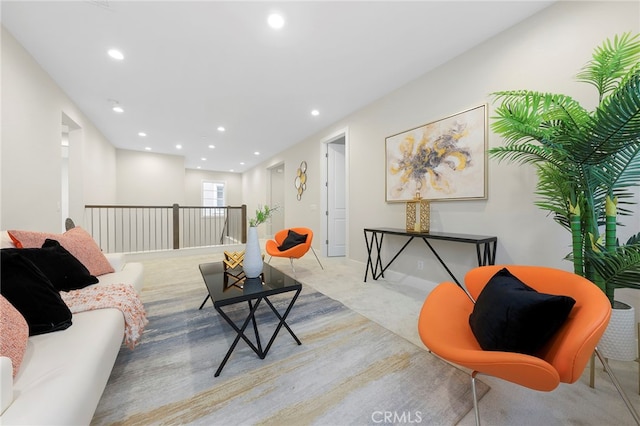 living room featuring light colored carpet