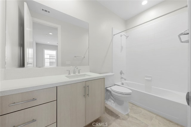 full bathroom featuring vanity, tile flooring, shower / tub combination, and toilet