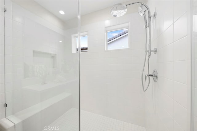 bathroom featuring a shower with shower door