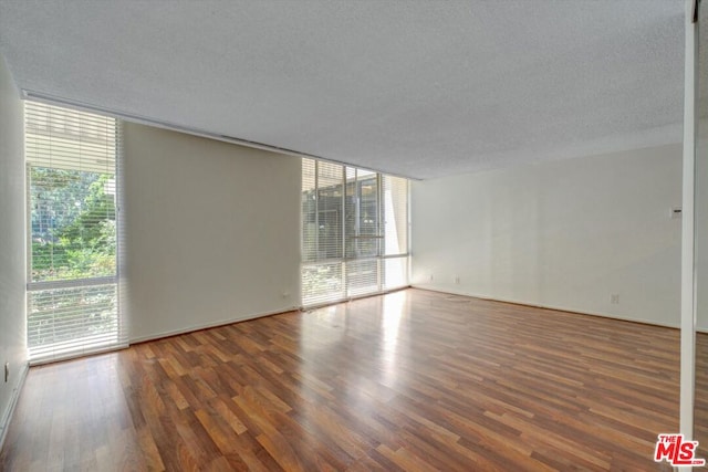 empty room featuring a wealth of natural light, a textured ceiling, and dark hardwood / wood-style flooring