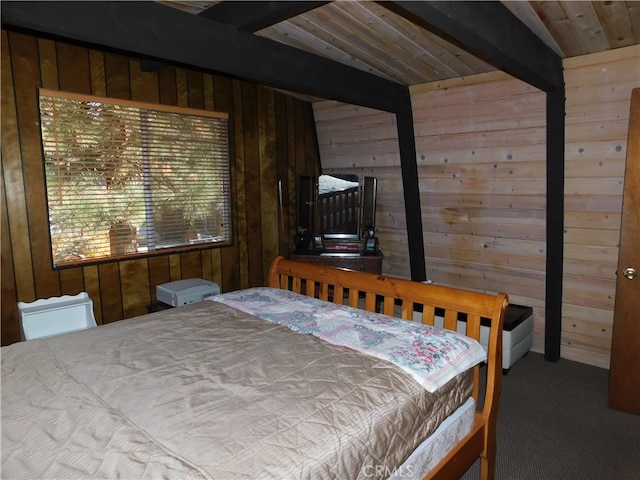 carpeted bedroom featuring wood walls, wooden ceiling, and vaulted ceiling with beams