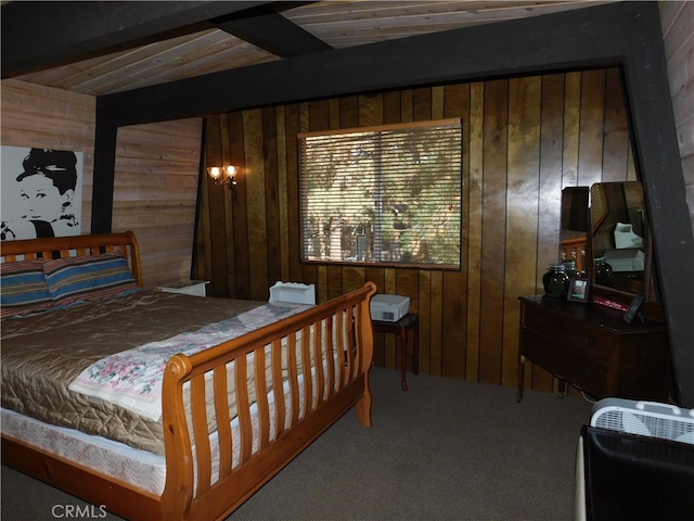 carpeted bedroom featuring wood ceiling, beam ceiling, and wooden walls