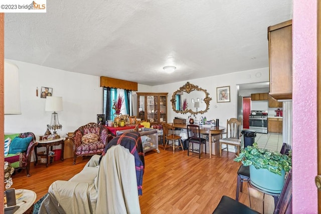 living room with light hardwood / wood-style floors and a textured ceiling