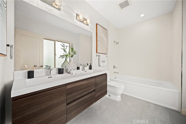 full bathroom featuring toilet, tile floors, bathing tub / shower combination, and large vanity