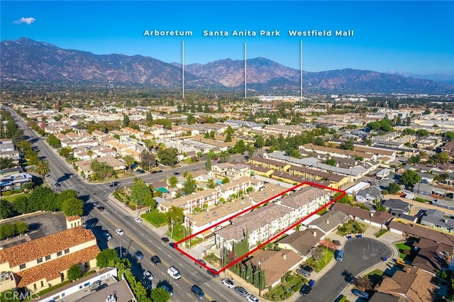 drone / aerial view featuring a mountain view