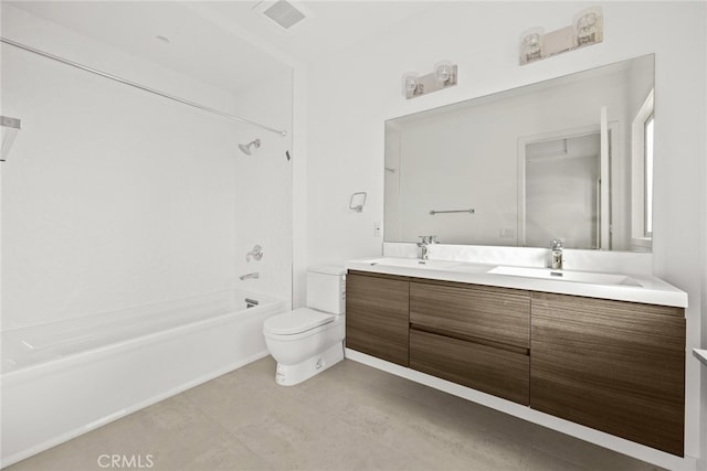 full bathroom with shower / washtub combination, toilet, vanity with extensive cabinet space, tile flooring, and dual sinks