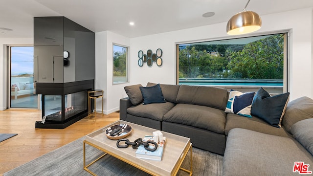 living room featuring a multi sided fireplace and light hardwood / wood-style floors