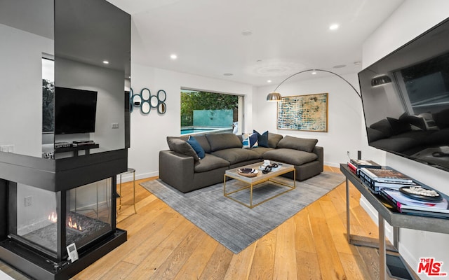 living room featuring a multi sided fireplace and light wood-type flooring