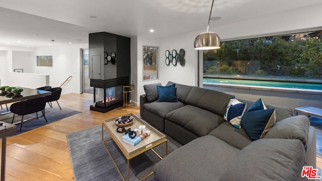 living room featuring a multi sided fireplace and light hardwood / wood-style flooring