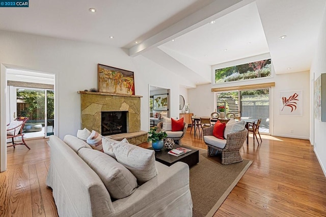 living room with plenty of natural light, light hardwood / wood-style floors, and a stone fireplace