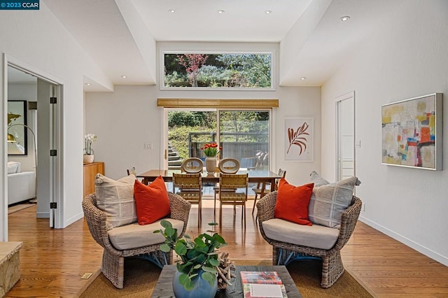 living area featuring high vaulted ceiling and light wood-type flooring