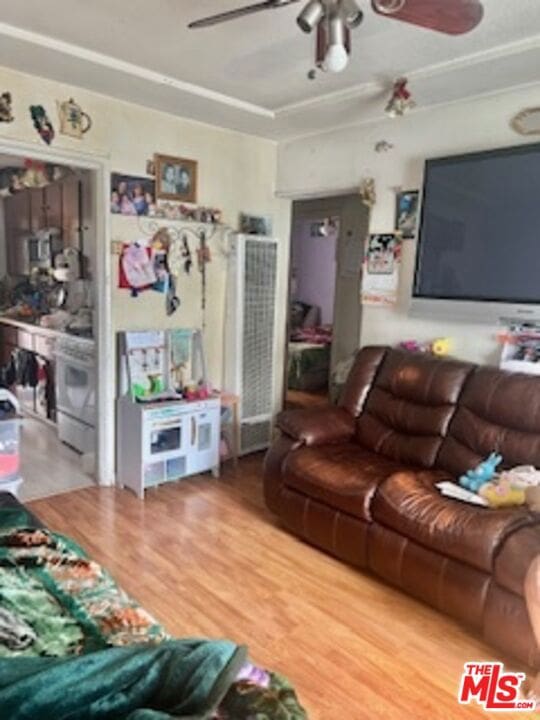 living room featuring hardwood / wood-style floors and ceiling fan