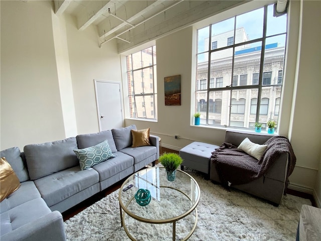 living room featuring beamed ceiling