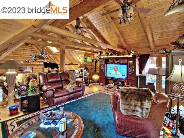 living room with wooden ceiling, french doors, lofted ceiling with beams, wooden walls, and wood-type flooring