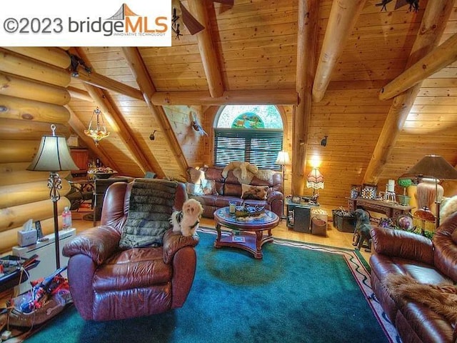 living room with vaulted ceiling with beams, wood ceiling, rustic walls, and wooden walls