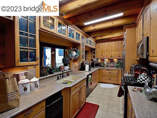 kitchen with black appliances, sink, beamed ceiling, light tile patterned flooring, and wood ceiling