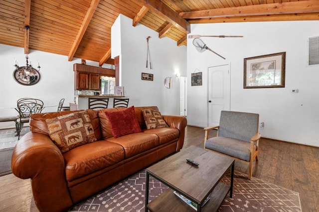 living room featuring high vaulted ceiling, beamed ceiling, wooden ceiling, and dark hardwood / wood-style flooring