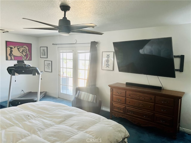 bedroom with carpet floors, access to exterior, a textured ceiling, and ceiling fan