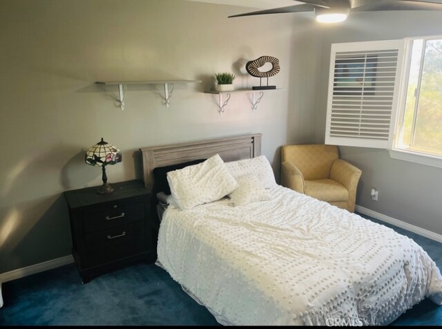 bedroom featuring ceiling fan and dark carpet