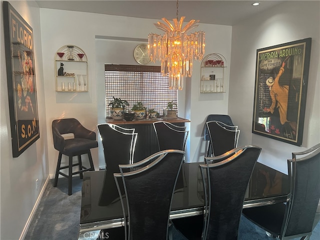 carpeted dining space featuring an inviting chandelier