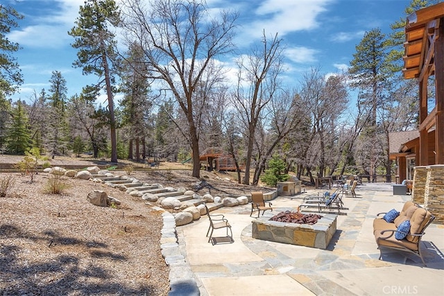 42143 Switzerland Dr, Big Bear, CA 92315 - view of yard with a fire pit and a patio