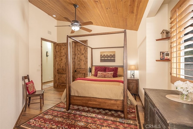42143 Switzerland Dr, Big Bear, CA 92315 - bedroom with wood finished floors, wood ceiling, high vaulted ceiling, and baseboards