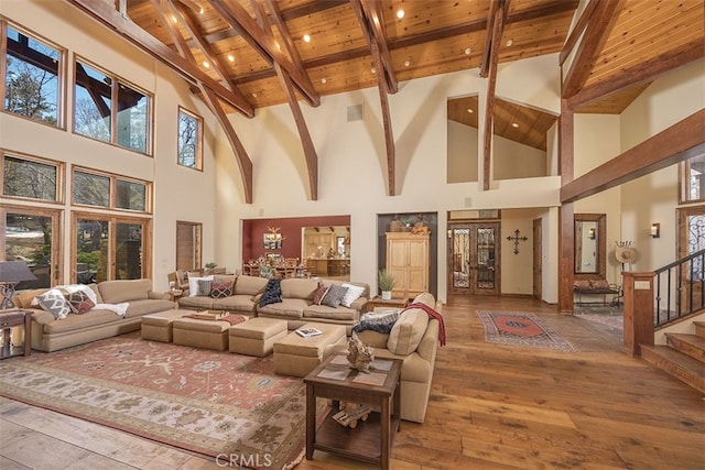42143 Switzerland Dr, Big Bear, CA 92315 - living room with wooden ceiling, high vaulted ceiling, beam ceiling, hardwood / wood-style flooring, and stairway