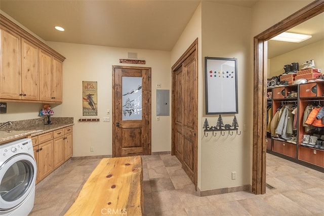 42143 Switzerland Dr, Big Bear, CA 92315 - clothes washing area featuring washer / dryer, cabinet space, baseboards, and recessed lighting