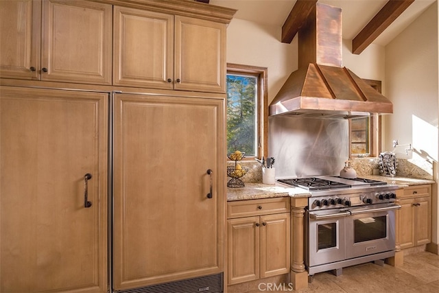 42143 Switzerland Dr, Big Bear, CA 92315 - kitchen with range with two ovens, island range hood, beam ceiling, light stone counters, and backsplash