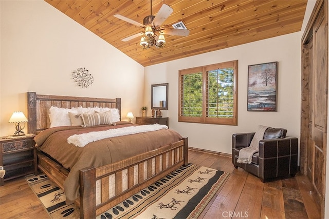 42143 Switzerland Dr, Big Bear, CA 92315 - bedroom with vaulted ceiling, wooden ceiling, wood-type flooring, and ceiling fan