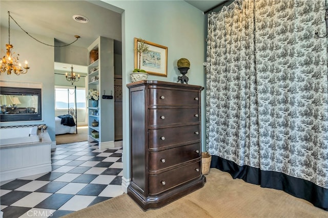 interior space with a washtub and a multi sided fireplace