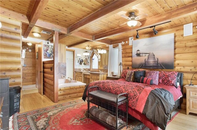 bedroom featuring light hardwood / wood-style floors, log walls, wooden ceiling, ceiling fan, and beamed ceiling