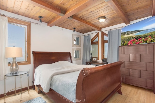 bedroom featuring wooden ceiling, light wood-type flooring, and beamed ceiling