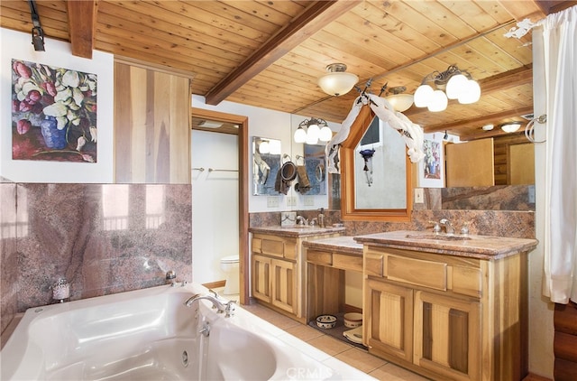 bathroom featuring beamed ceiling, backsplash, toilet, wood ceiling, and double sink vanity