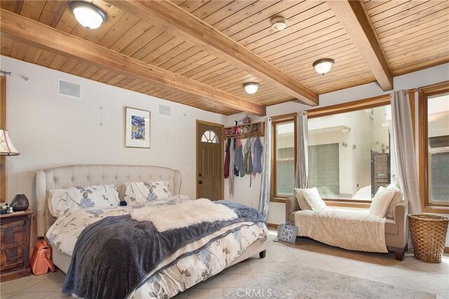 bedroom with wood ceiling, beam ceiling, and light tile flooring