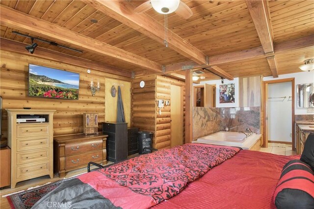 bedroom featuring log walls, wooden ceiling, and beam ceiling