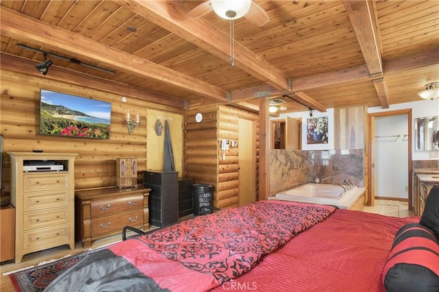 bedroom with beamed ceiling, wood ceiling, log walls, and a wood stove