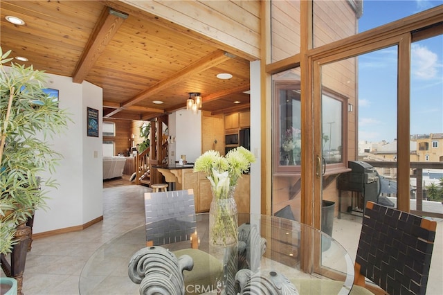 dining area with wooden ceiling, wood walls, and beam ceiling