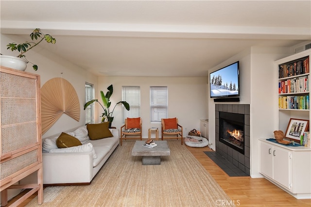 living room with light wood-type flooring and a fireplace