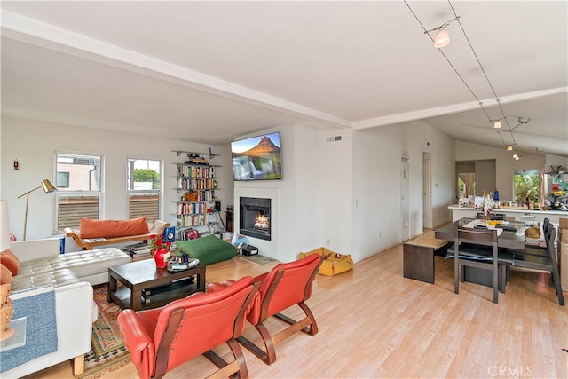 living room featuring light wood-type flooring and lofted ceiling