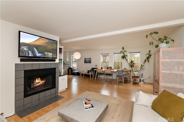 living room with light wood-type flooring and a fireplace